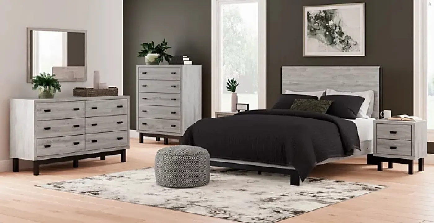 bedroom set with black sheets